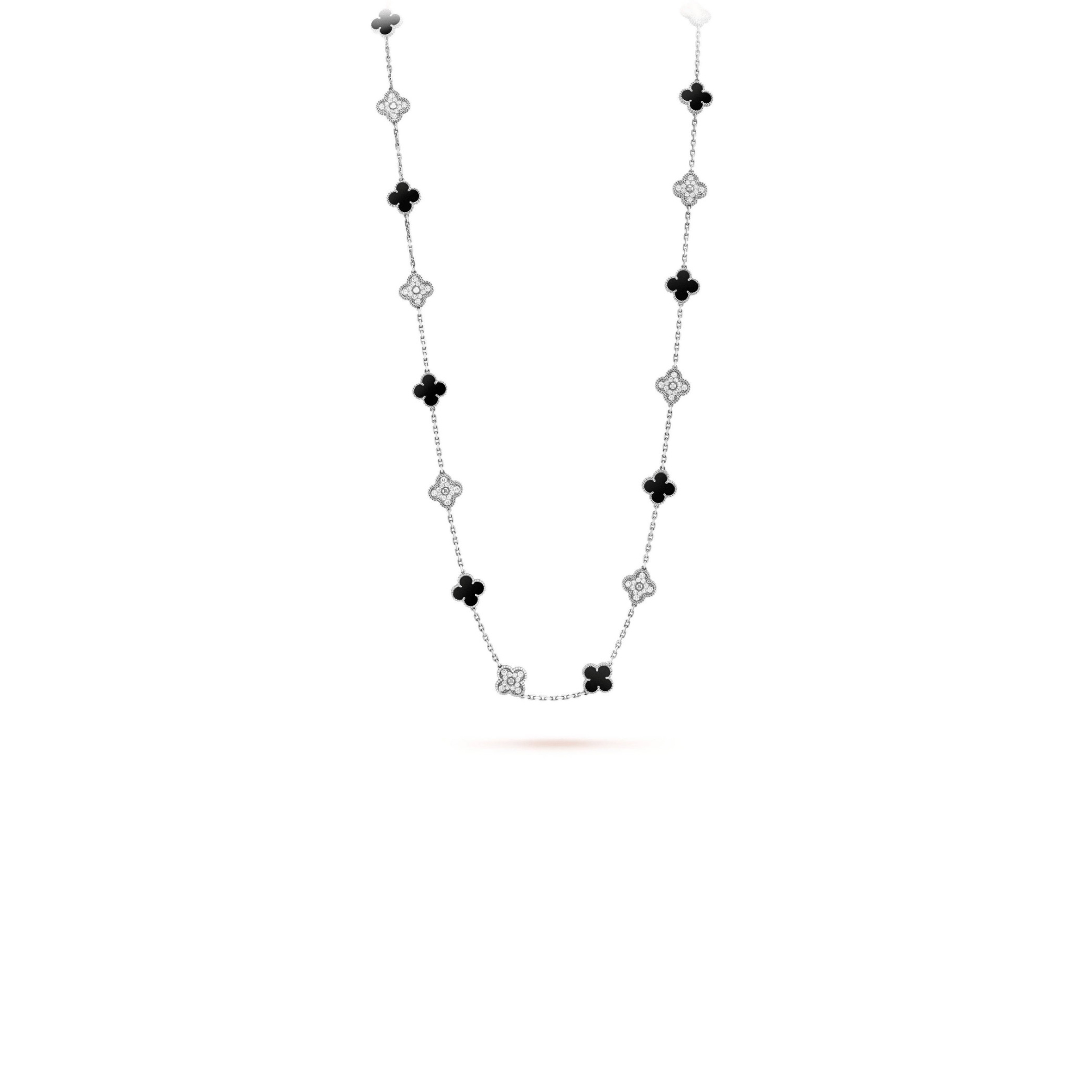 VAN CLEEF ARPELS VINTAGE ALHAMBRA LONG NECKLACE, 20 MOTIFS - WHITE GOLD, DIAMOND, ONYX VCARP2R800 VAN CLEEF ARPELS VINTAGE ALHAMBRA LONG NECKLACE, 20 MOTIFS - WHITE GOLD, DIAMOND, ONYX VCARP2R800